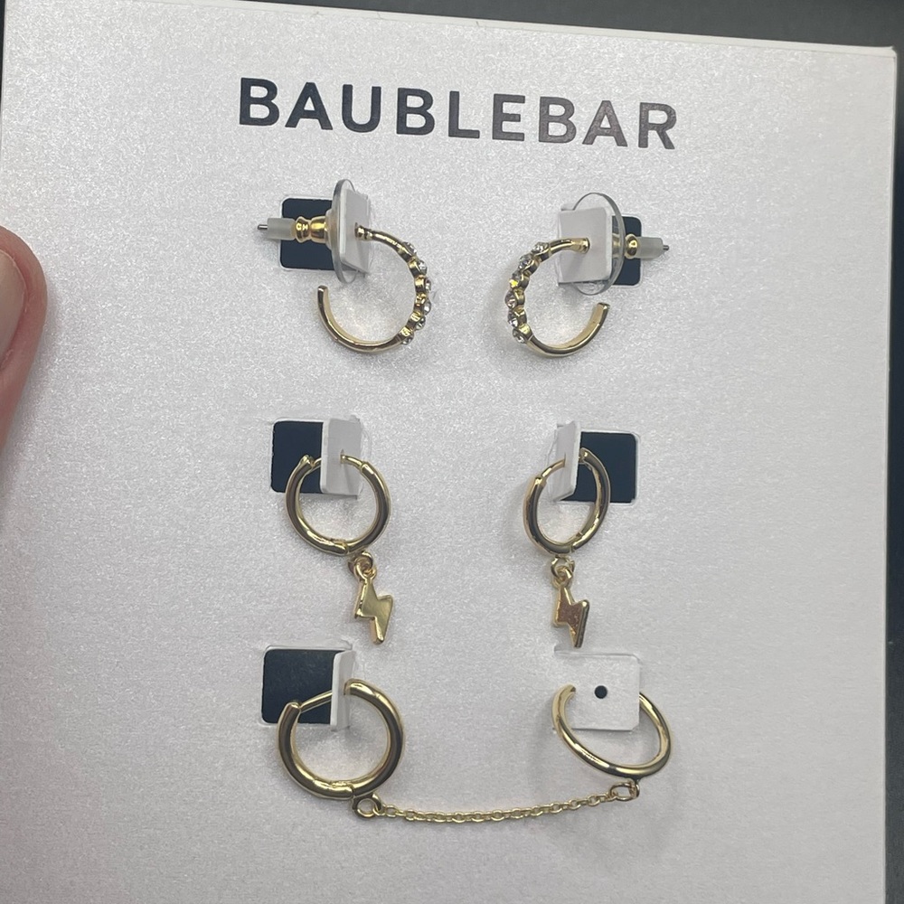 NWT BaubleBar Bolt & Chain 5-pc Huggie Hoop Earring Set, Goldtone w/Glass Stones